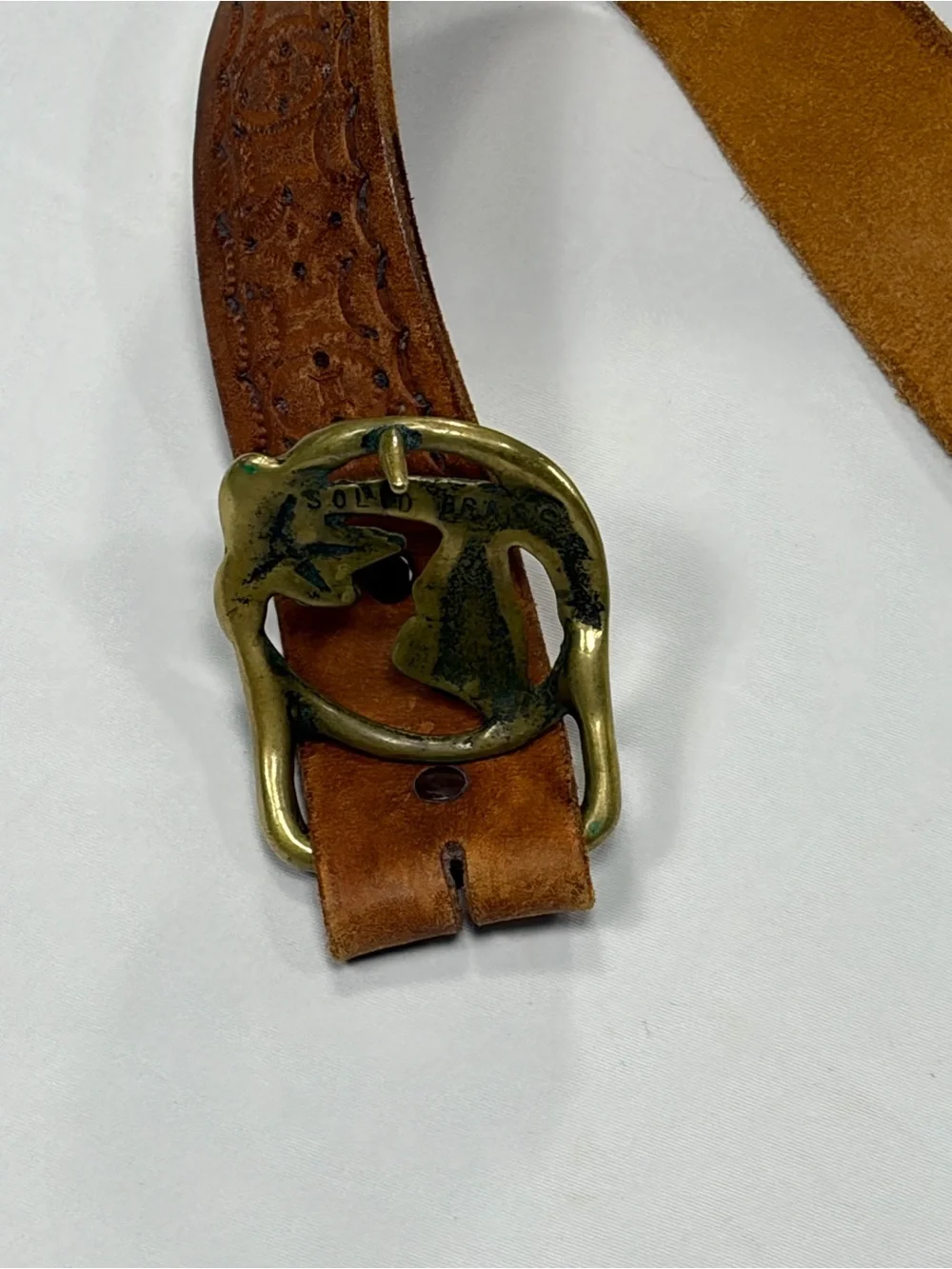 Vintage Tooled Leather Belt Brown Solid Brass Palm Tree Island Buckle Size 36